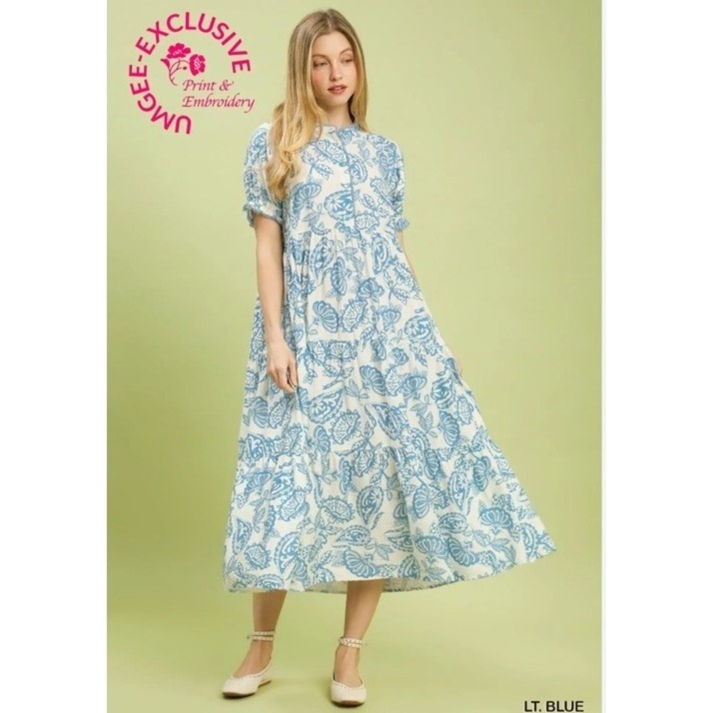 Umgee‎ Dress Womens Small Blue Floral Maxi Shirt Boho Ruffle Short Sleeve Summer